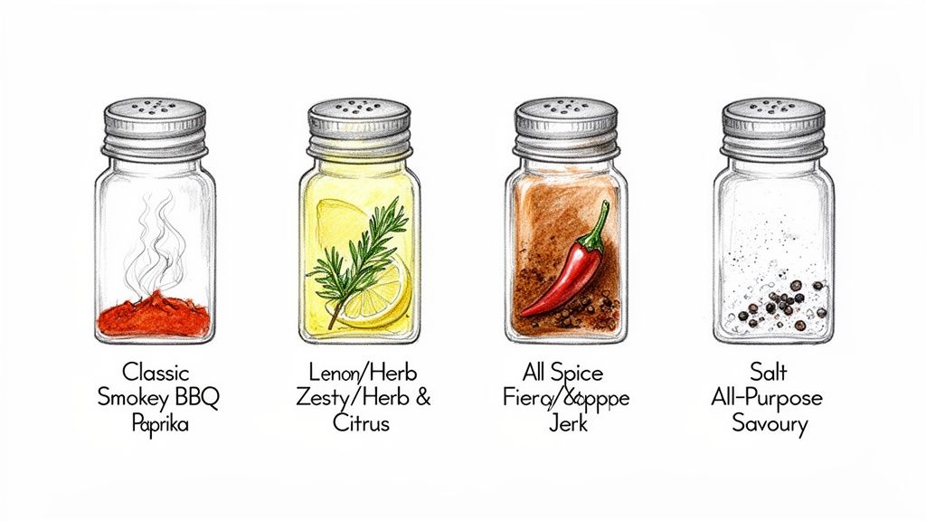 Illustrated spice shakers featuring paprika, lemon herb, jerk, and salt all-purpose seasonings.