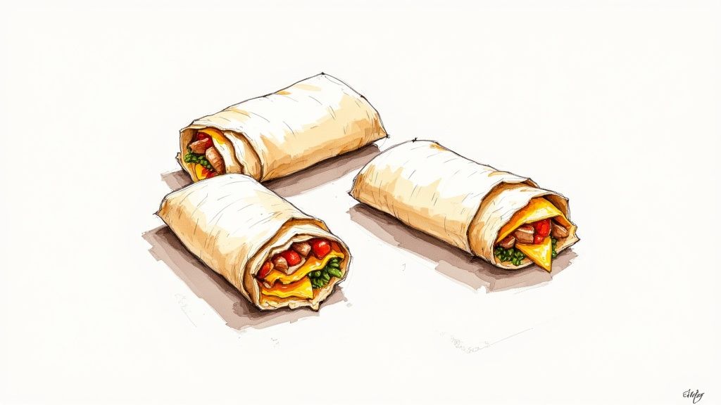 Watercolor illustration of three delicious burritos or wraps with visible fillings of meat, cheese, and greens.