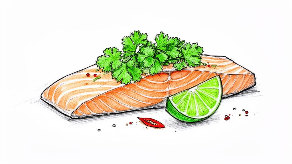 A colorful drawing of a salmon fillet garnished with fresh cilantro, a lime wedge, and red chili flakes.