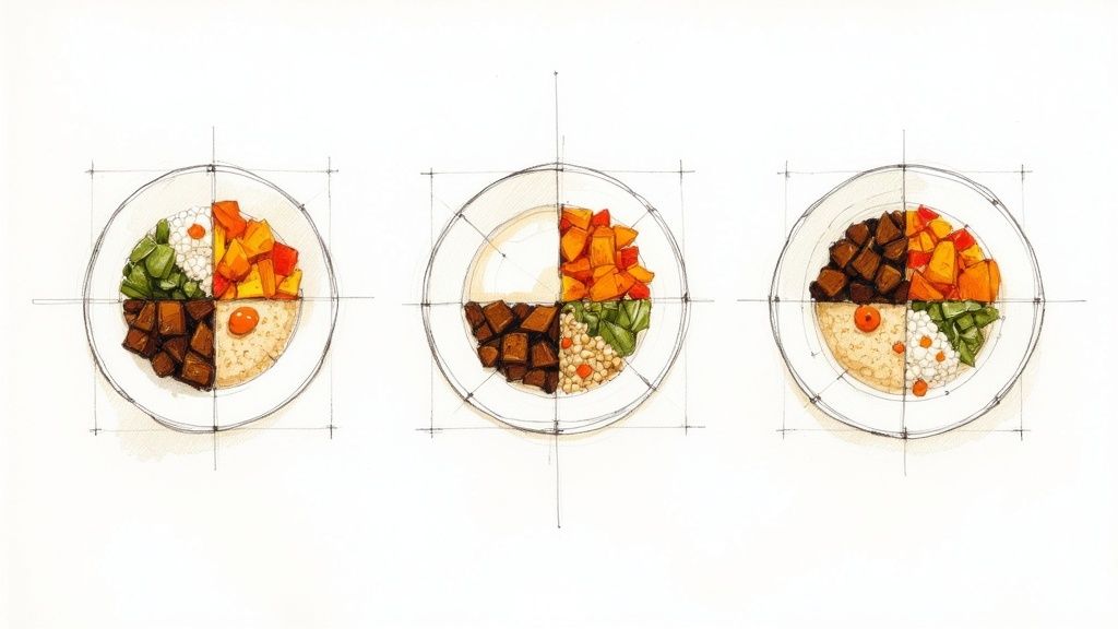 Three illustrated plates show balanced meal portions with various food groups divided into quadrants.