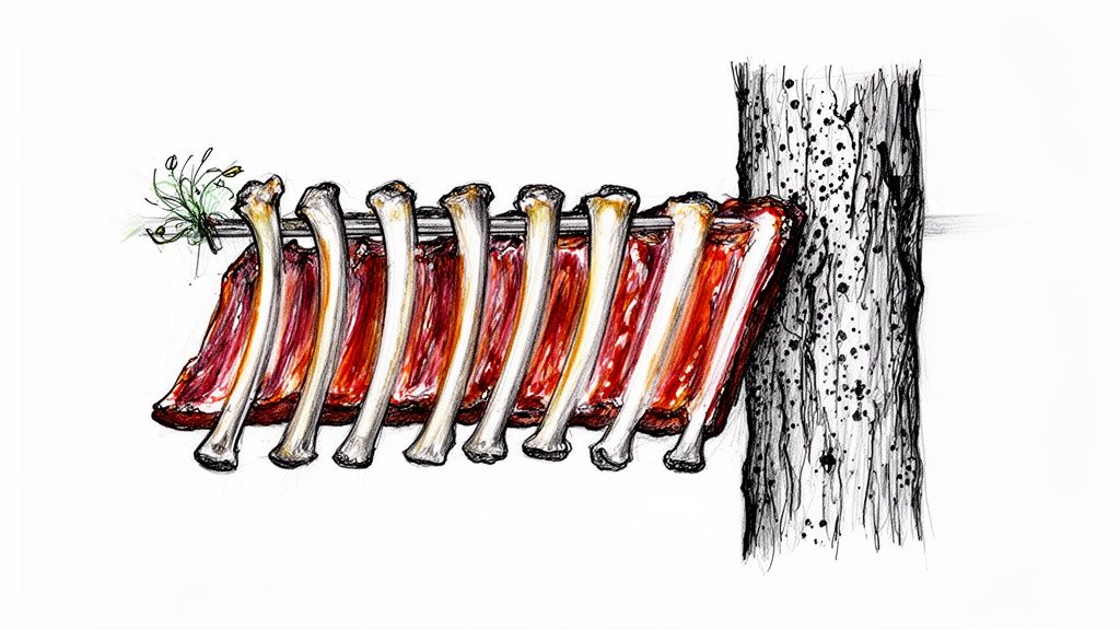 An ink drawing of a rack of meat ribs with herbs hanging from a skewer on a tree trunk.