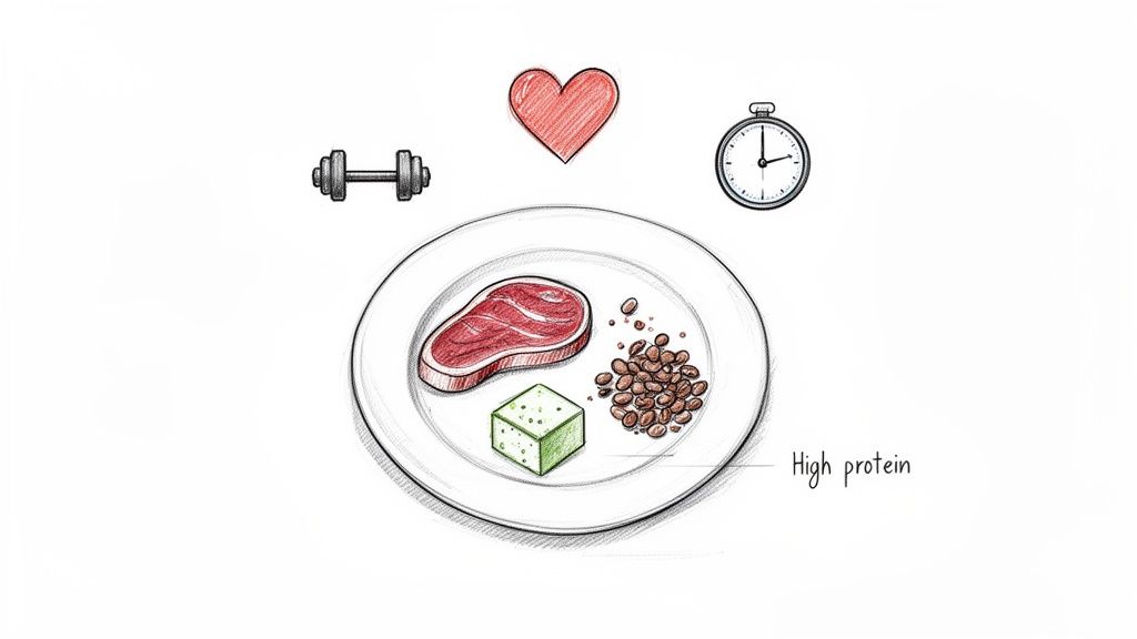Illustration depicting a high-protein diet with steak, tofu, beans, dumbbell, heart, and stopwatch for a healthy lifestyle.