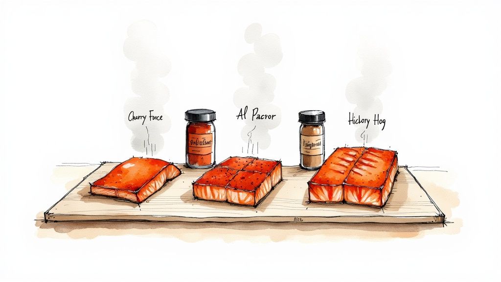 A perfectly grilled salmon fillet with a beautiful crust, garnished with fresh herbs.