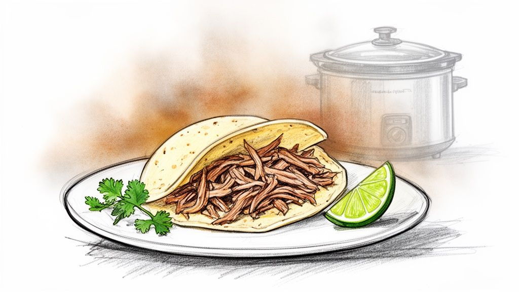 Illustration of a delicious pulled pork taco with lime and cilantro, next to a slow cooker.