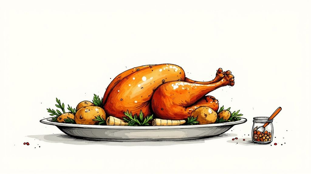 An illustration of a golden-brown roasted turkey on a serving platter with vegetables and a spice jar.