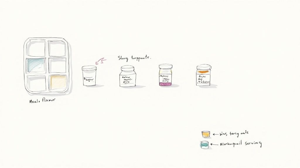 A hand-drawn sketch illustrating a meal prep container, four labeled jars, and two small servings with notes.