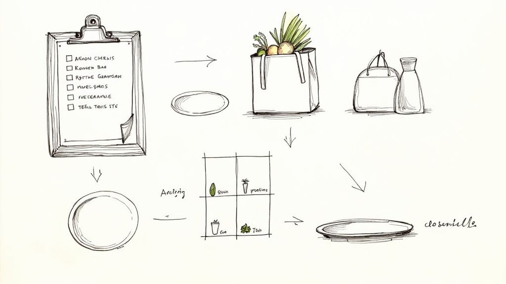 Hand-drawn illustration depicting meal preparation steps, from a checklist and groceries to ingredient sorting and serving.