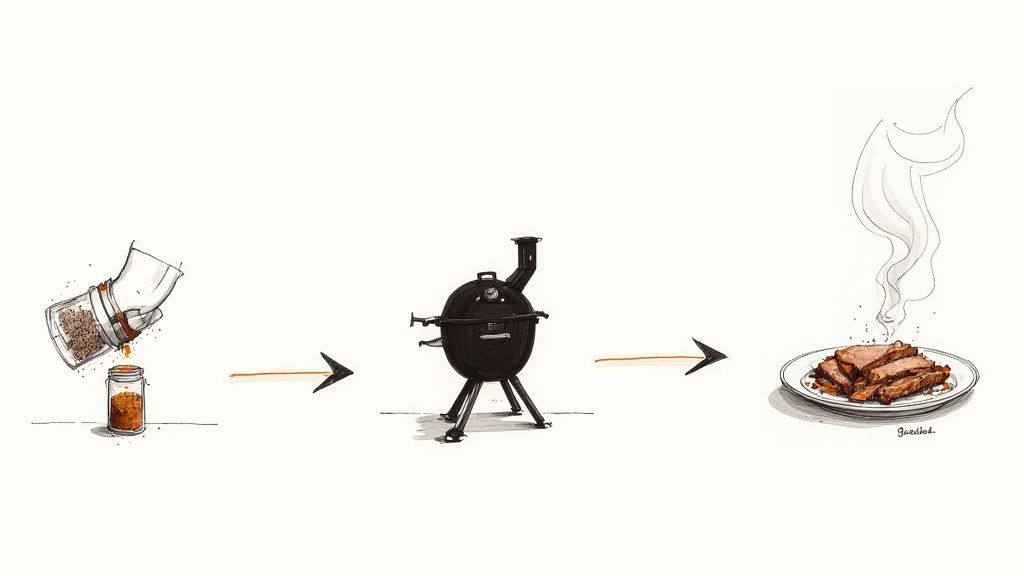 Illustration showing the process of seasoning meat, smoking it in a grill, and serving it on a plate.