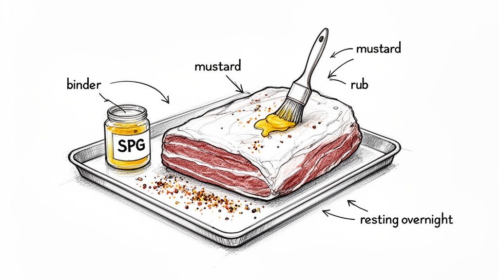 Illustration of preparing brisket, applying mustard as a binder, and seasoning with SPG rub.