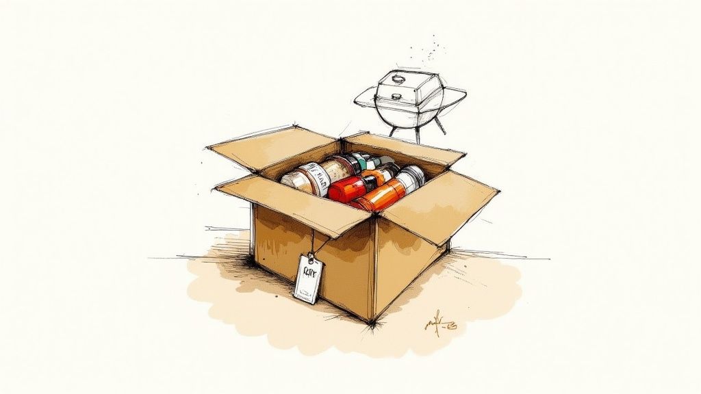Hand-drawn sketch of an open cardboard box filled with BBQ rubs and sauces, next to a small grill.