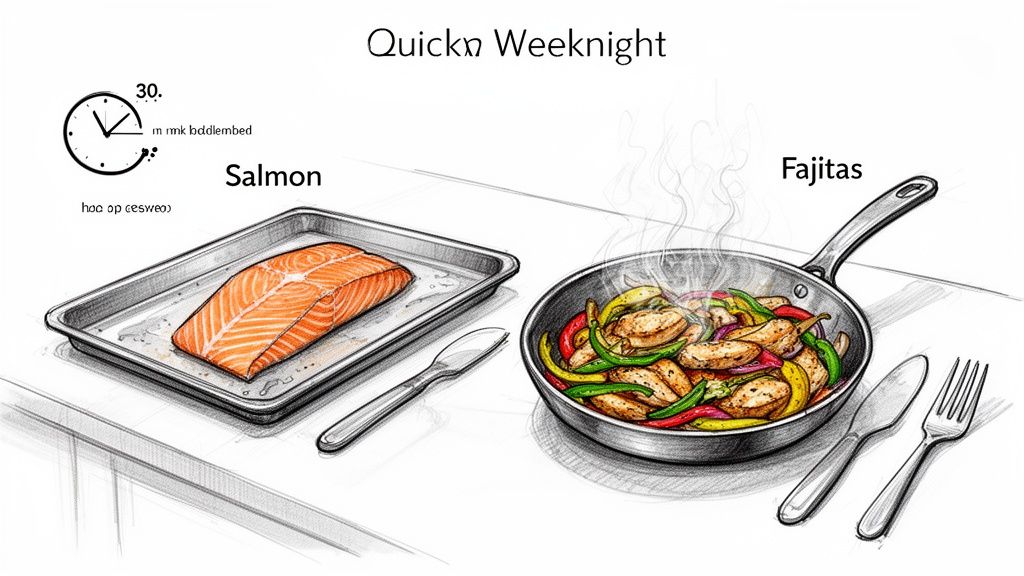 Illustration of a salmon fillet on a baking sheet and sizzling chicken fajitas in a pan, for quick dinners.