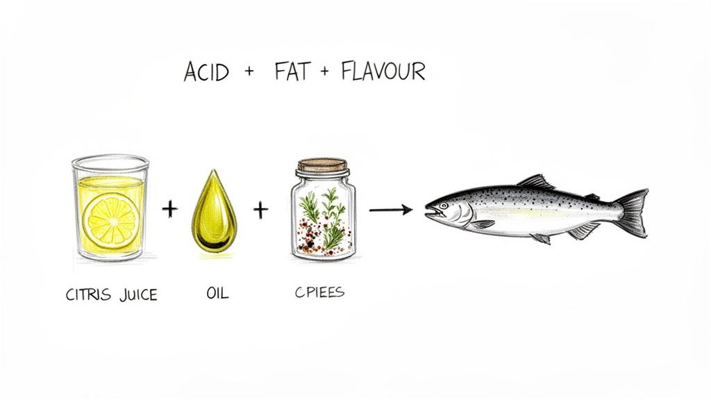 An illustrative guide for making a delicious marinade for salmon using acid, fat, and flavor elements.
