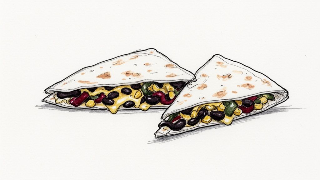 An illustration of two quesadillas filled with melted cheese, black beans, corn, and vegetables.