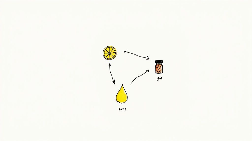 Three small bowls containing marinade ingredients like herbs, spices, and lemon slices arranged around a salmon fillet.