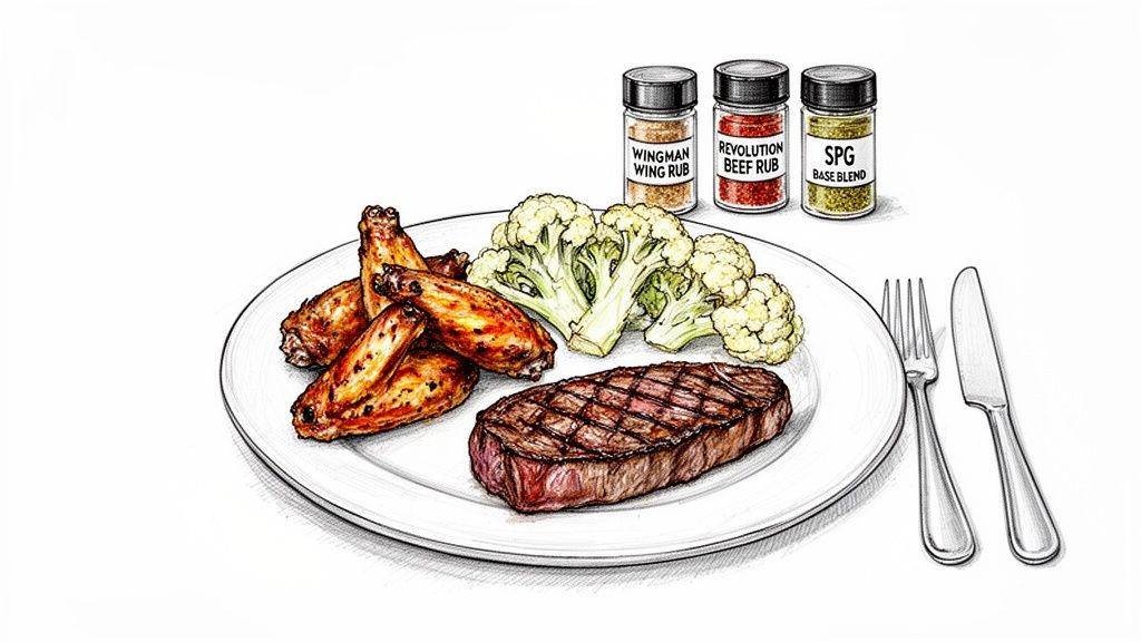 An illustration showing a plate with grilled chicken wings, steak, and cauliflower, with spice rubs and cutlery.