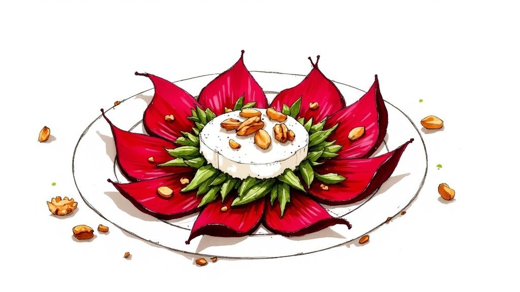 Elegant cheese round garnished with nuts on red flower-shaped vegetable petals for Christmas appetizer