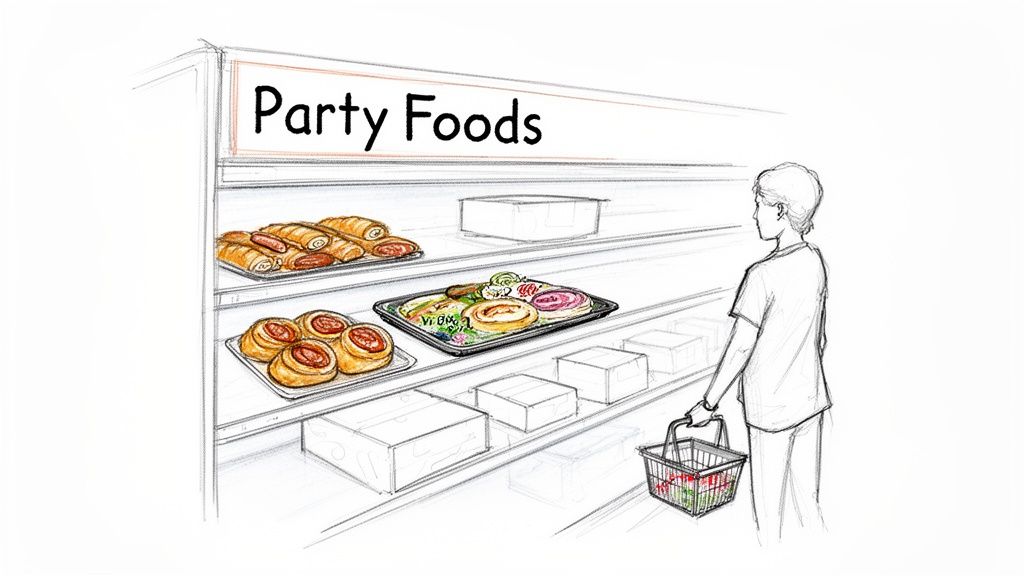A sketch of a person browsing "Party Foods" in a store, holding a shopping basket.
