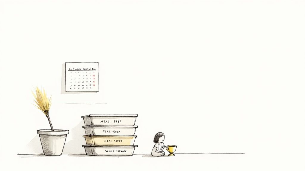 A minimalist illustration shows a calendar, a plant, meal prep containers, and a girl with a golden cup.