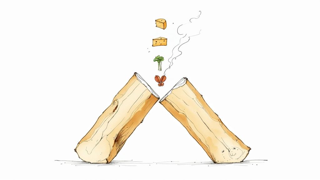 A variety of smoked vegetables, nuts, and cheese arranged on a wooden board next to a small smoker.