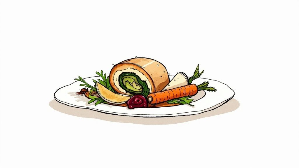 A beautifully plated Christmas dinner featuring a savory roulade, roasted carrots, parsnip, and cranberry sauce.
