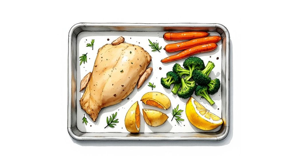 Sheet pan with roasted chicken, carrots, broccoli, potatoes and lemon for healthy meal prep