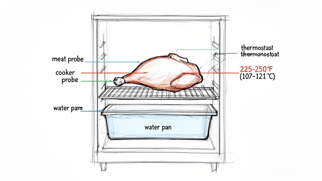 Diagram of a smoker with a whole bird on a rack, a water pan, and temperature probes indicating 225-250°F.