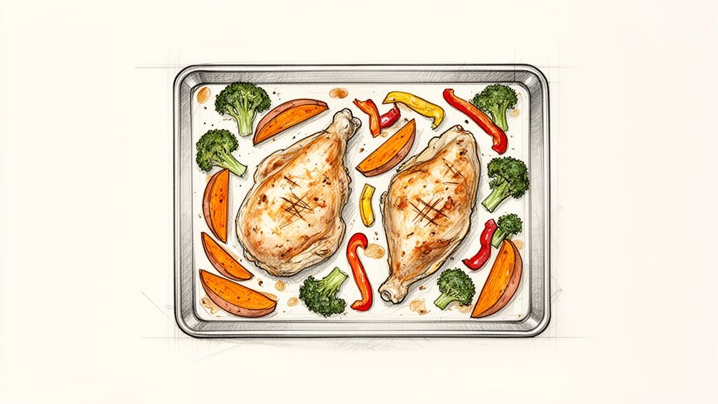 A colorful illustration of roasted chicken with sweet potatoes, broccoli, and bell peppers on a baking sheet.