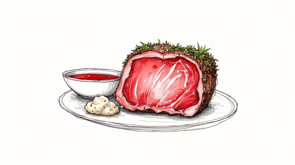 A vibrant illustration of a perfectly roasted prime rib with herbs, served with red sauce and creamy horseradish on a white plate.