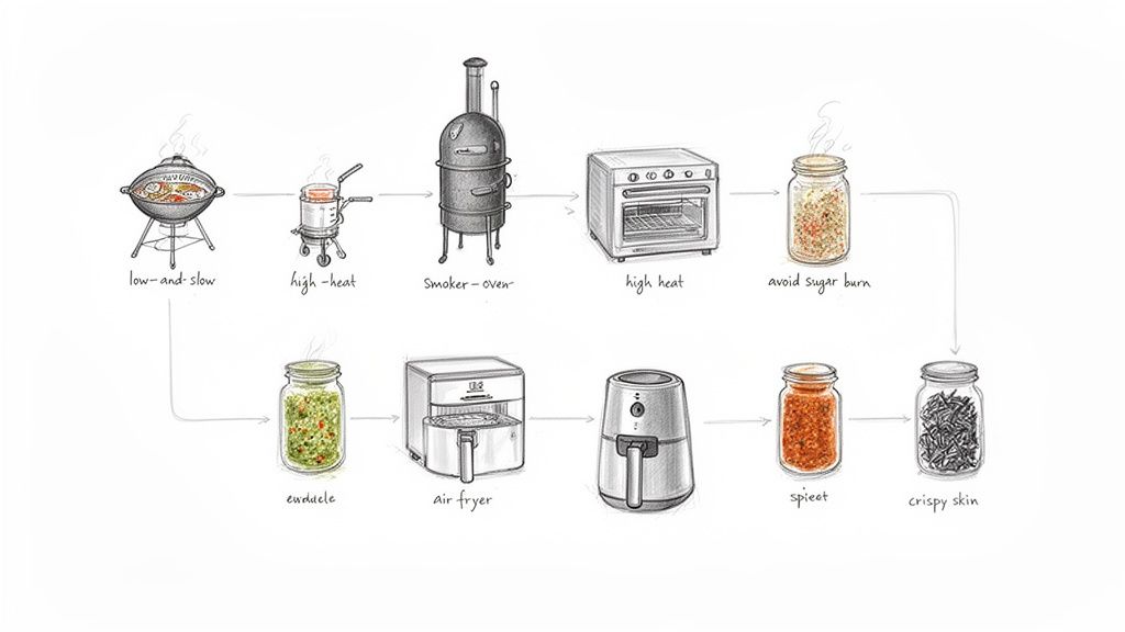 A diagram illustrating various cooking methods with different appliances and resulting spice mixtures or food textures in jars.