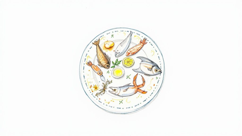 An artistic illustration on a white plate features an assortment of fish, seafood, lemon, and oil.
