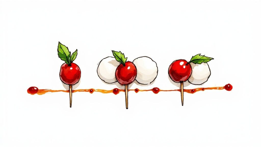 Three gourmet caprese skewers with cherry tomatoes, mozzarella, and basil, elegantly arranged on a sauce line.