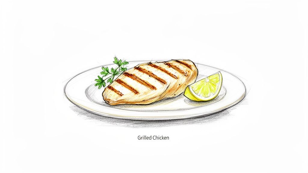An illustration of a grilled chicken breast with grill marks, garnished with parsley and a lime wedge, on a white plate.