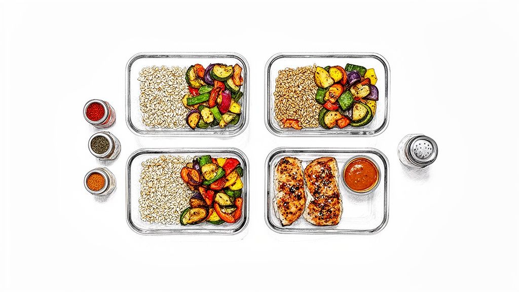 Four healthy meal prep containers with grilled chicken, roasted vegetables, grains, and spices on a white background.