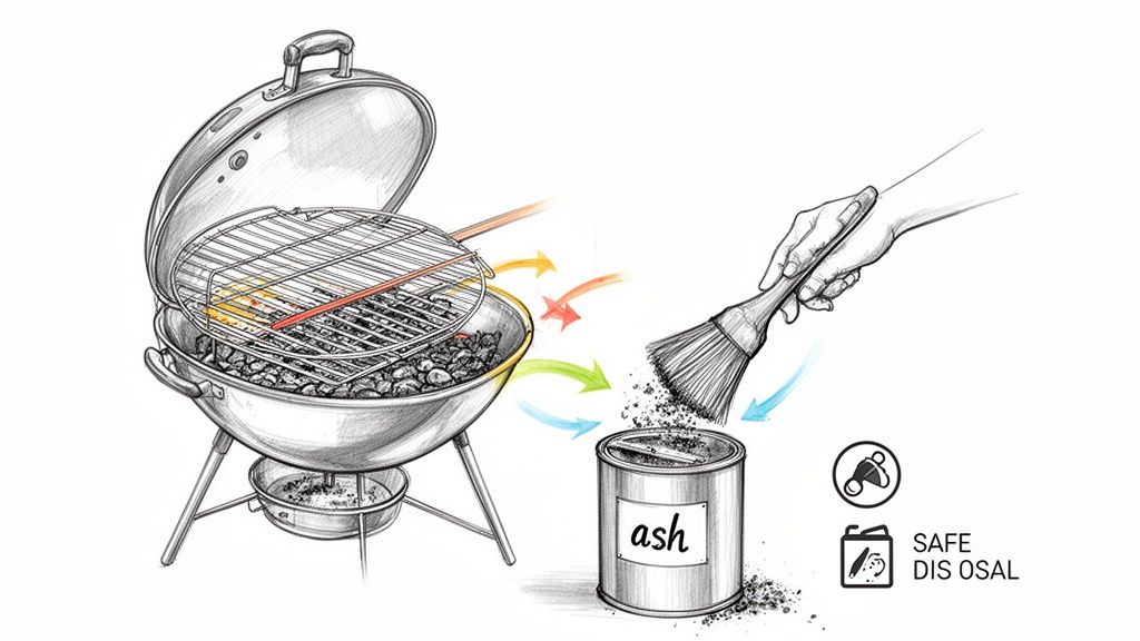 Illustration showing how to clean a charcoal BBQ grill, brushing ash into a disposal can.