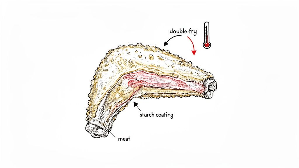 Detailed illustration explaining a fried chicken wing's internal structure: starch coating, meat, and double-fry process.