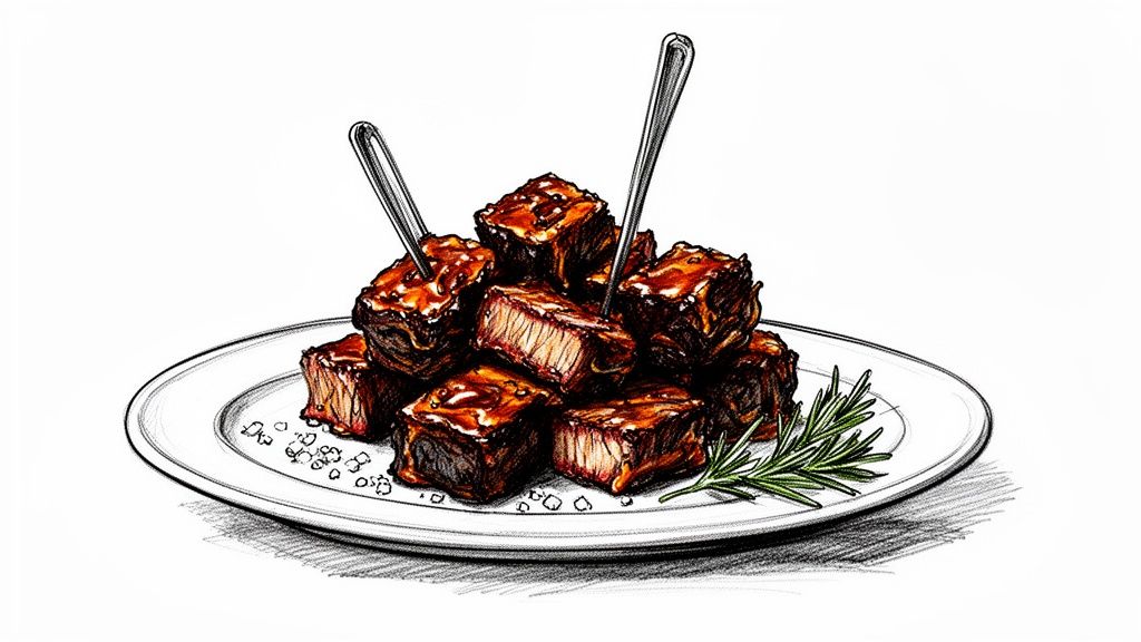 Illustration of glossy, bite-sized meat cubes on a plate with two picks and rosemary garnish.
