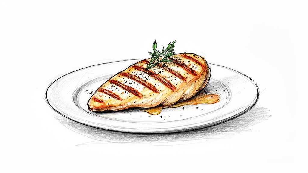An illustration of a perfectly grilled chicken breast, seasoned with pepper and garnished with fresh herbs on a white plate.