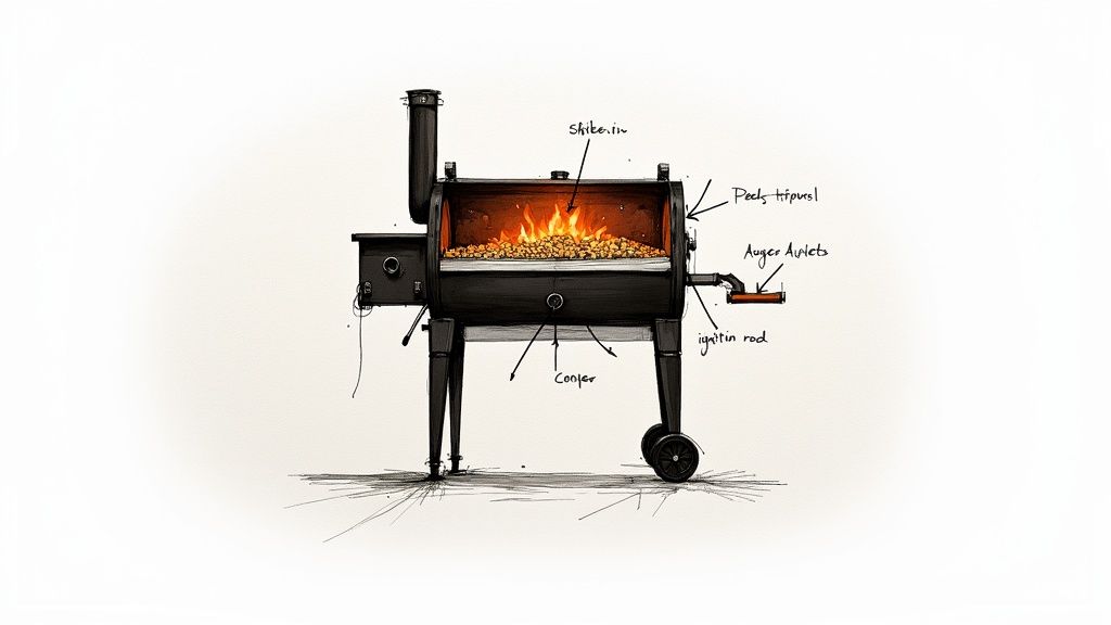 A close-up of smouldering wood pellets inside a pellet BBQ grill, glowing orange with smoke rising.