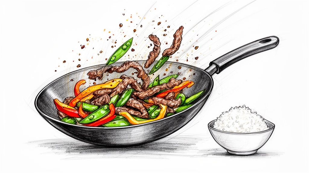 A vibrant stir-fry with beef, colorful bell peppers, and green snap peas tossing in a wok, next to a bowl of white rice.