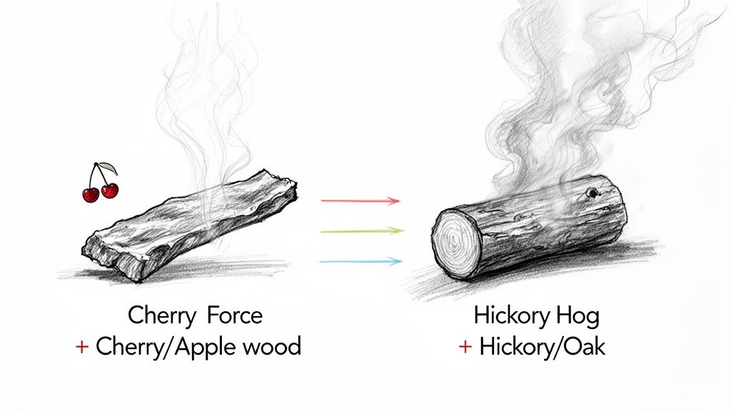 Smoking wood types illustration, showing cherry/apple wood transforming into hickory/oak, with cherries visible.