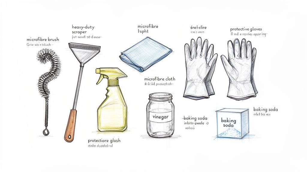 Various cleaning tools and supplies including a brush, scraper, spray bottle, cloth, gloves, vinegar, and baking soda.
