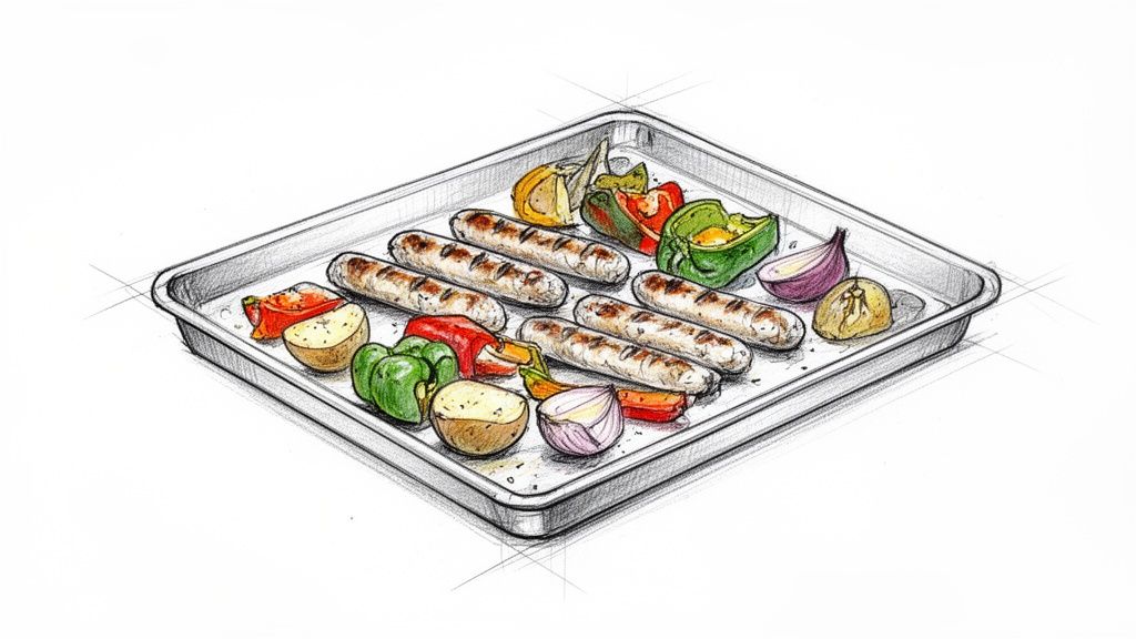 An illustrated baking sheet featuring sausages, bell peppers, onions, and potatoes, ready for roasting.