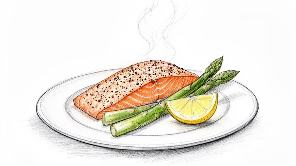 A pencil sketch illustrating a steaming salmon fillet seasoned with pepper, accompanied by asparagus and a lemon wedge, served on a white plate.