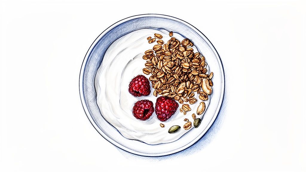 An illustration of a bowl of yogurt with granola, fresh raspberries, and pumpkin seeds.