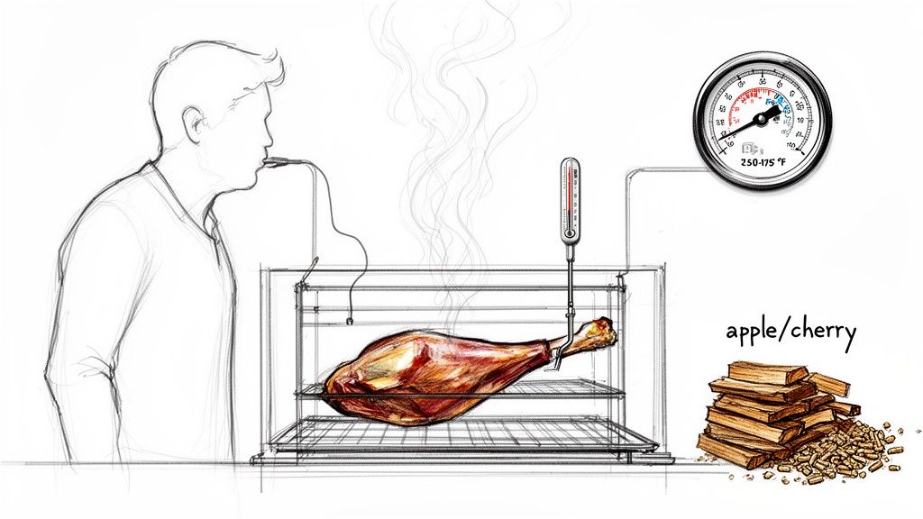 Diagram showing a man smoking a leg of lamb using apple/cherry wood, with temperature gauges.