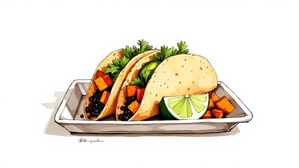 An illustration of three vegan tacos filled with black beans, sweet potatoes, and cilantro, served with a lime wedge on a white plate.