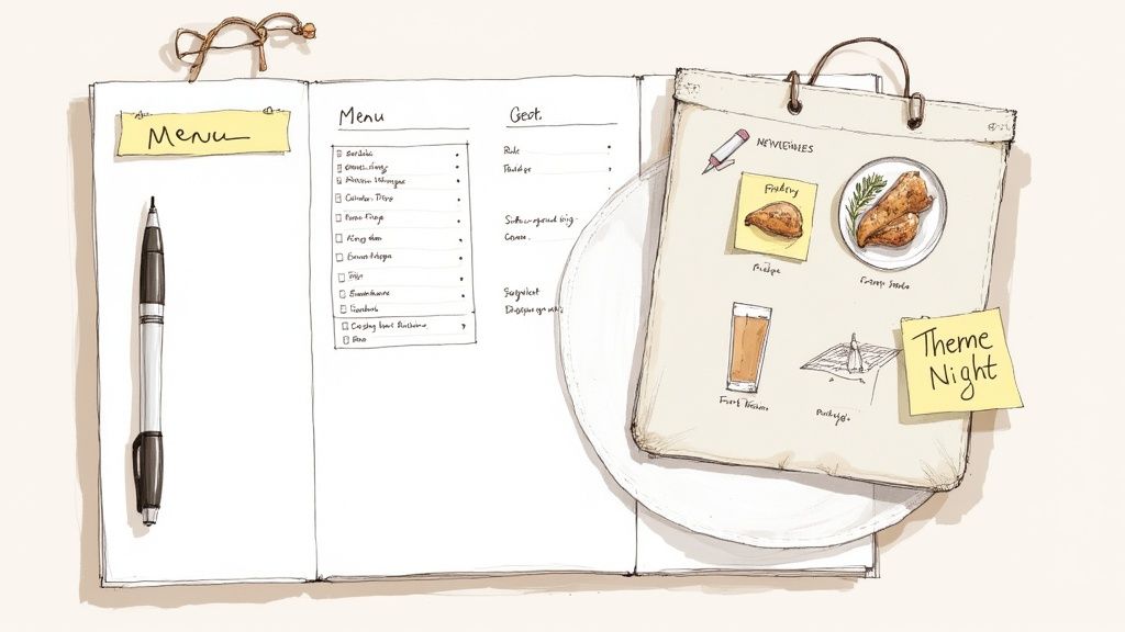 Hand-drawn illustration of open notebooks displaying a menu, food ideas, and meal prep planning with sketches.