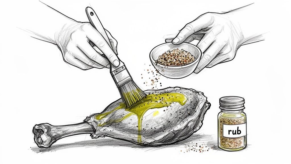 An illustration of hands seasoning a raw meat leg with a brush, oil, and spice rub.