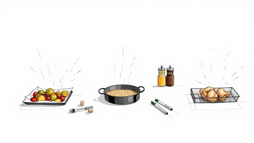 A large tray of colourful, seasoned vegetables being roasted in an oven.