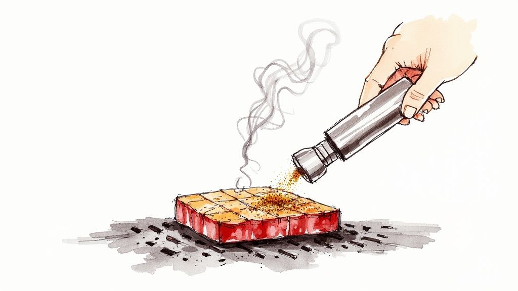 A close-up of beautifully seasoned pork ribs being grilled over glowing charcoal.
